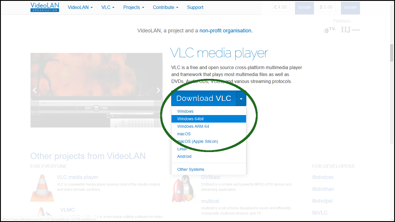 download options for VLC Media Player